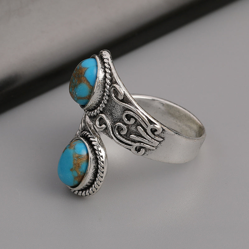 Vintage Wrap Ring Silver Plated Delicate Carving On The Surface Inlaid Turquoise Boho Style Jewelry Match Daily Outfits