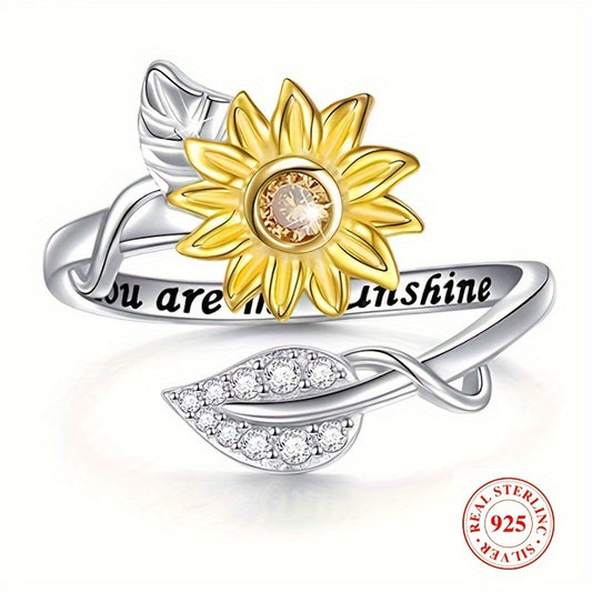925 Sterling Silver Wrap Ring Sunflower Shape Decorated With Silvery Leaf Inlaid Zircon Carved Letter Inside Perfect Gift For Girls