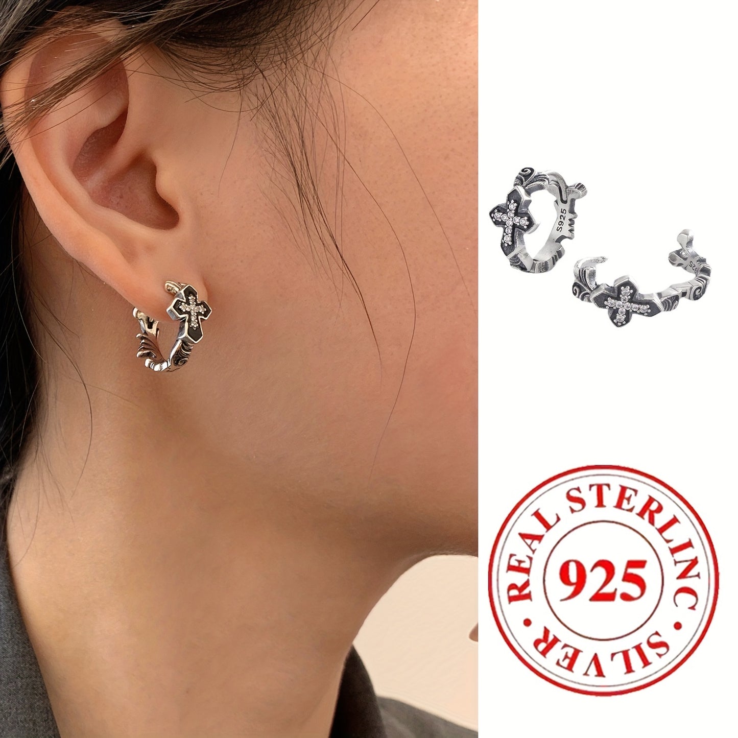 Sterling 925 Silver Hypoallergenic Ear Jewelry Cross Pattern Shiny Zircon Inlaid Hoop Earrings Retro Party Style Delicate Female Gift